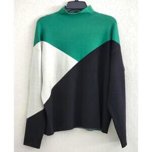 SWEATER-TAHARI-Green-Black-White-Color Block-Mock Turtleneck-Long Sleeves-SIZE L